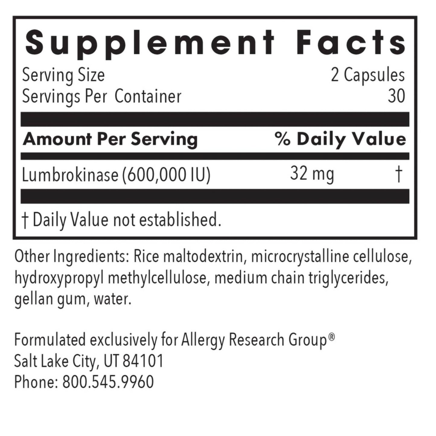 Allergy Research Group, Lumbrokinase, 60 Delayed-Release Vegetarian Capsules UPC 713947761407 | Hilife Vitamins