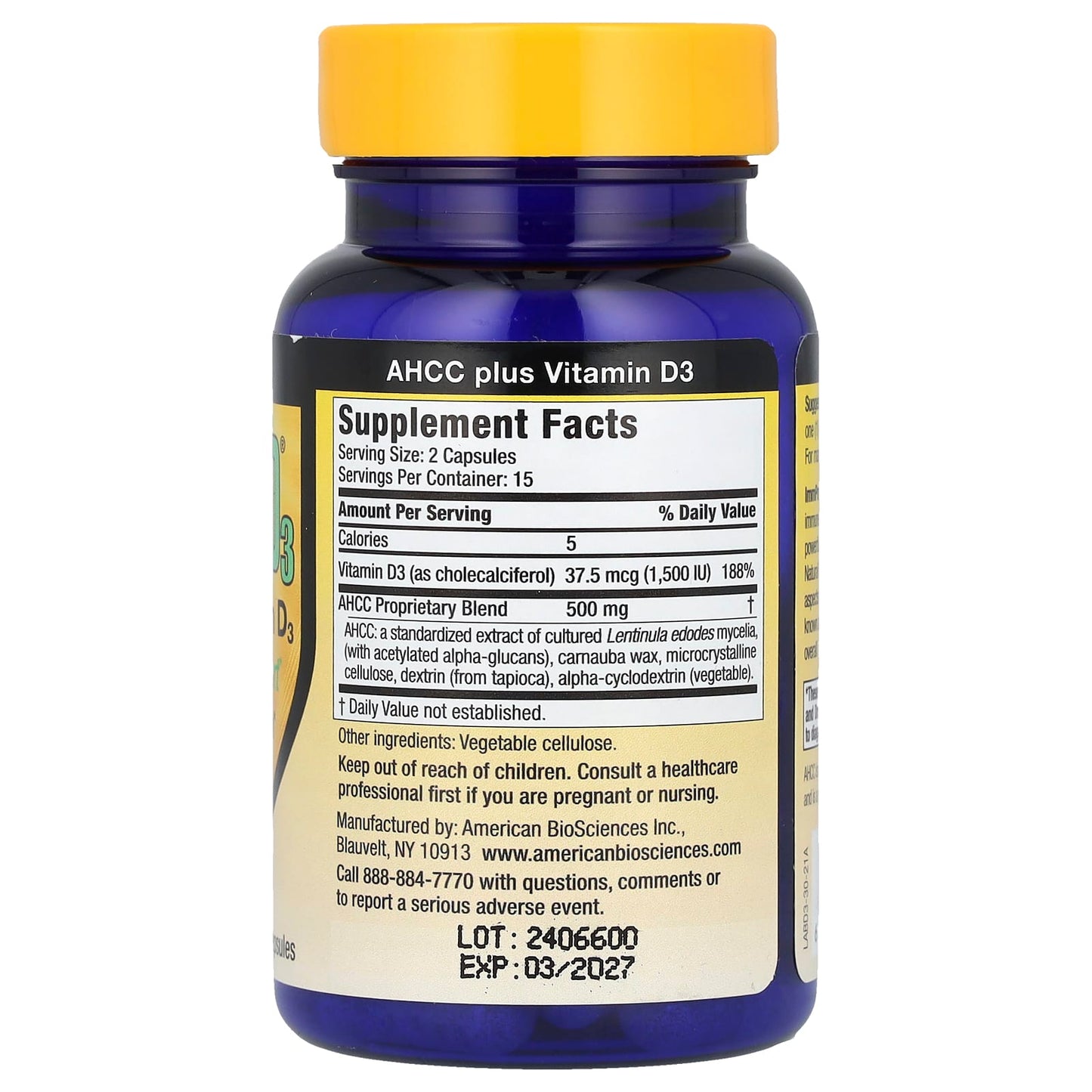 American BioSciences, ImmPower® D3, AHCC® Plus Vitamin D3, 30 Vegetarian Capsules UPC 678226034309 | HiLife Vitamins