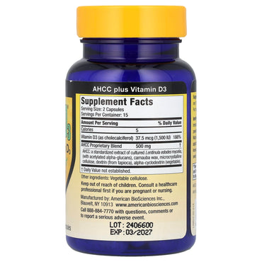 American BioSciences, ImmPower® D3, AHCC® Plus Vitamin D3, 30 Vegetarian Capsules UPC 678226034309 | HiLife Vitamins