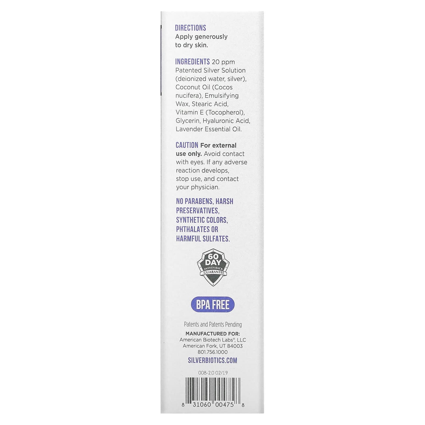 American Biotech Labs, Silver Biotics, Advanced Healing Skin Cream Lavender Scented, 3.4 oz UPC 831060004758