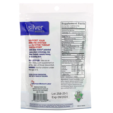 American Biotech Labs, Silver Biotics, Silver Lozenges with Manuka Honey, 21 Lozenges UPC 831060004901 | Hilife Vitamins