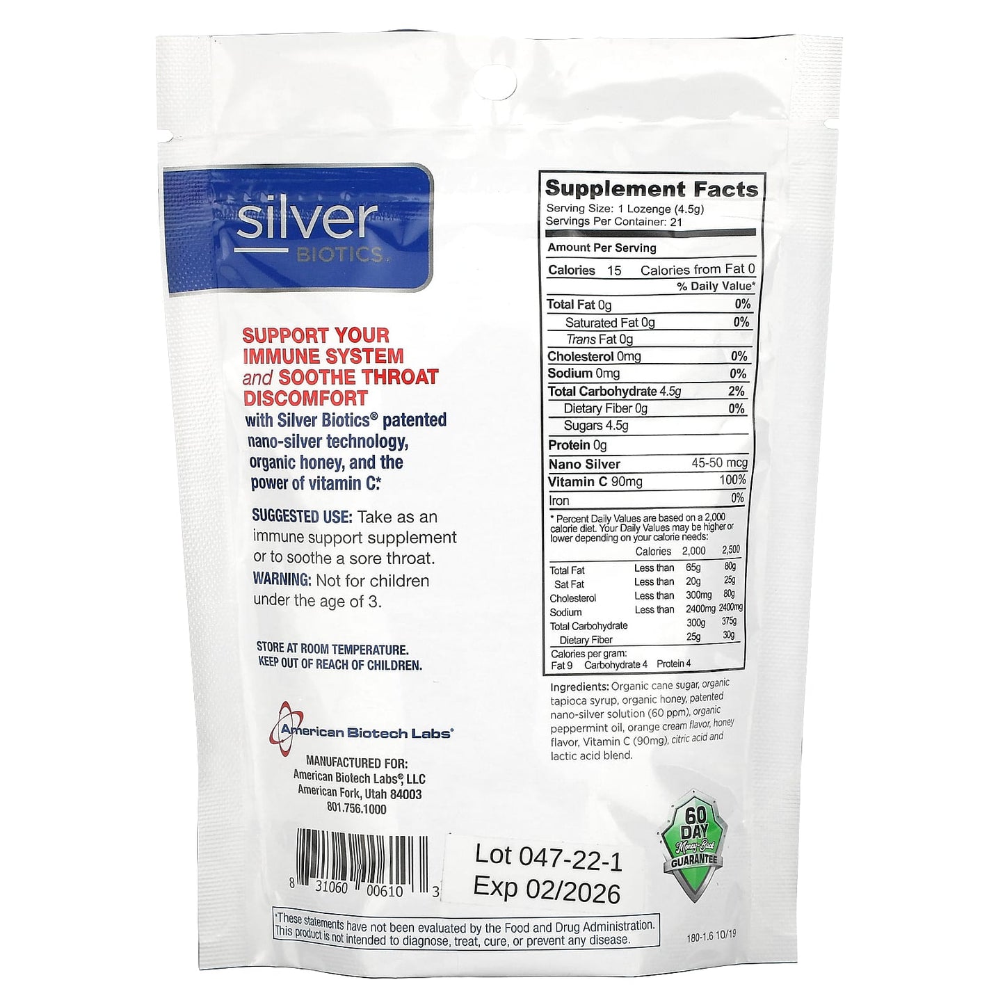 American Biotech Labs, Silver Biotics, Silver Lozenge With Vitamin C, Orange SPLASH, 21 Lozenges UPC 831060006103
