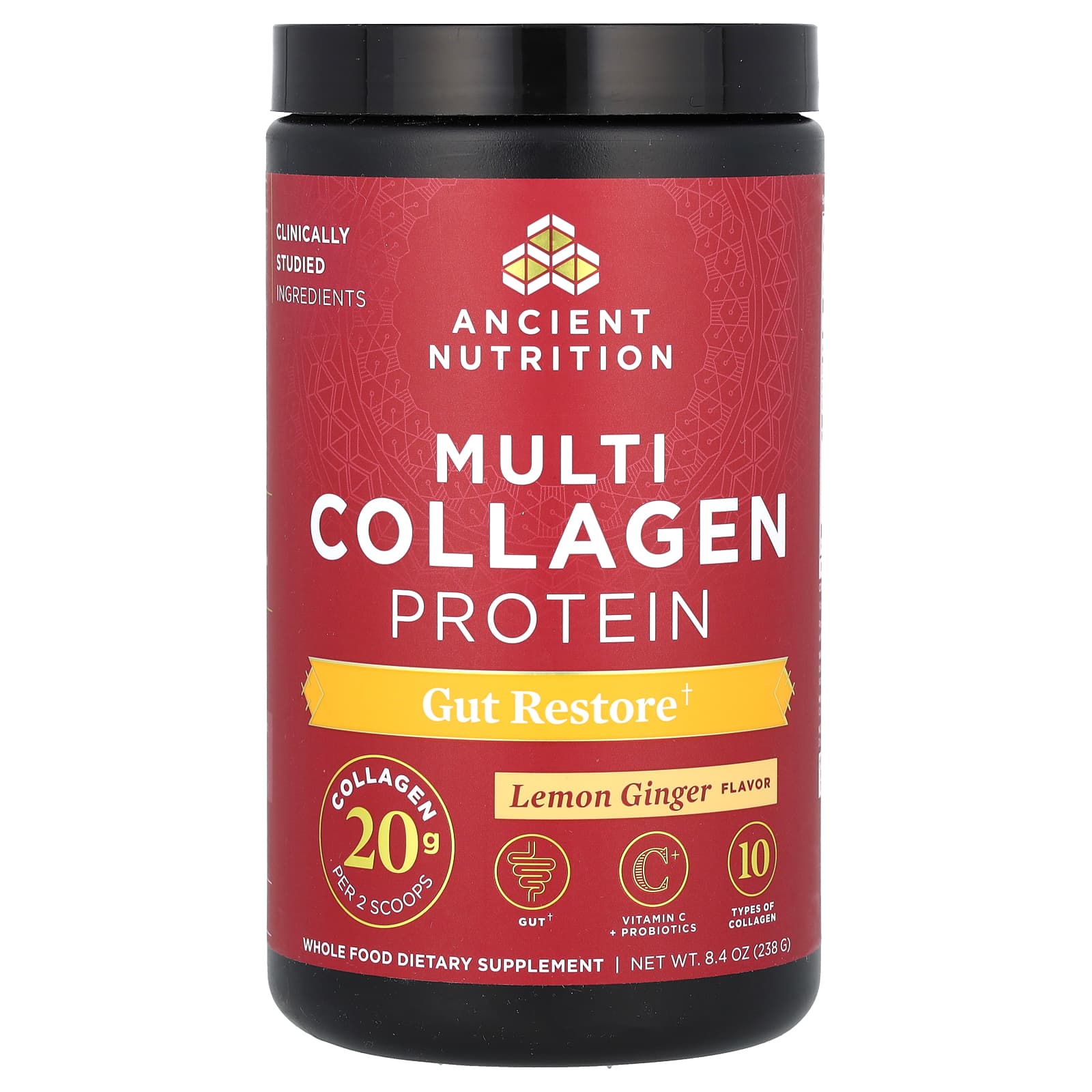 Ancient Nutrition, Multi Collagen Protein, Gut Restore, Lemon Ginger, 8.4 oz (238 g) UPC 816401022332 | HiLife Vitamins