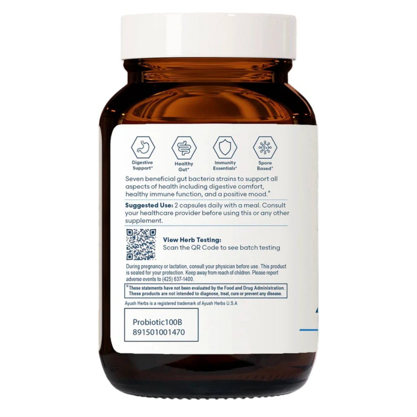 Ayush Herbs, Probiotic 100B, 60 Capsules UPC 891501001470 | HiLife Vitamins