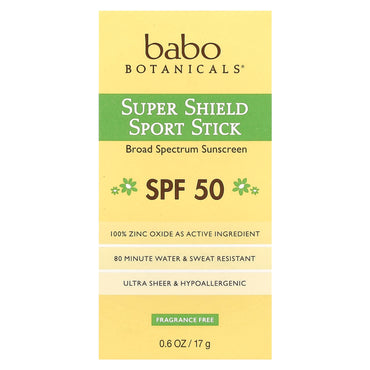 Babo Botanicals, Super Shield SPF 50 Sport Stick Sunscreen For Face & Body, .6 Oz UPC 899248002194 | Hilife Vitamins