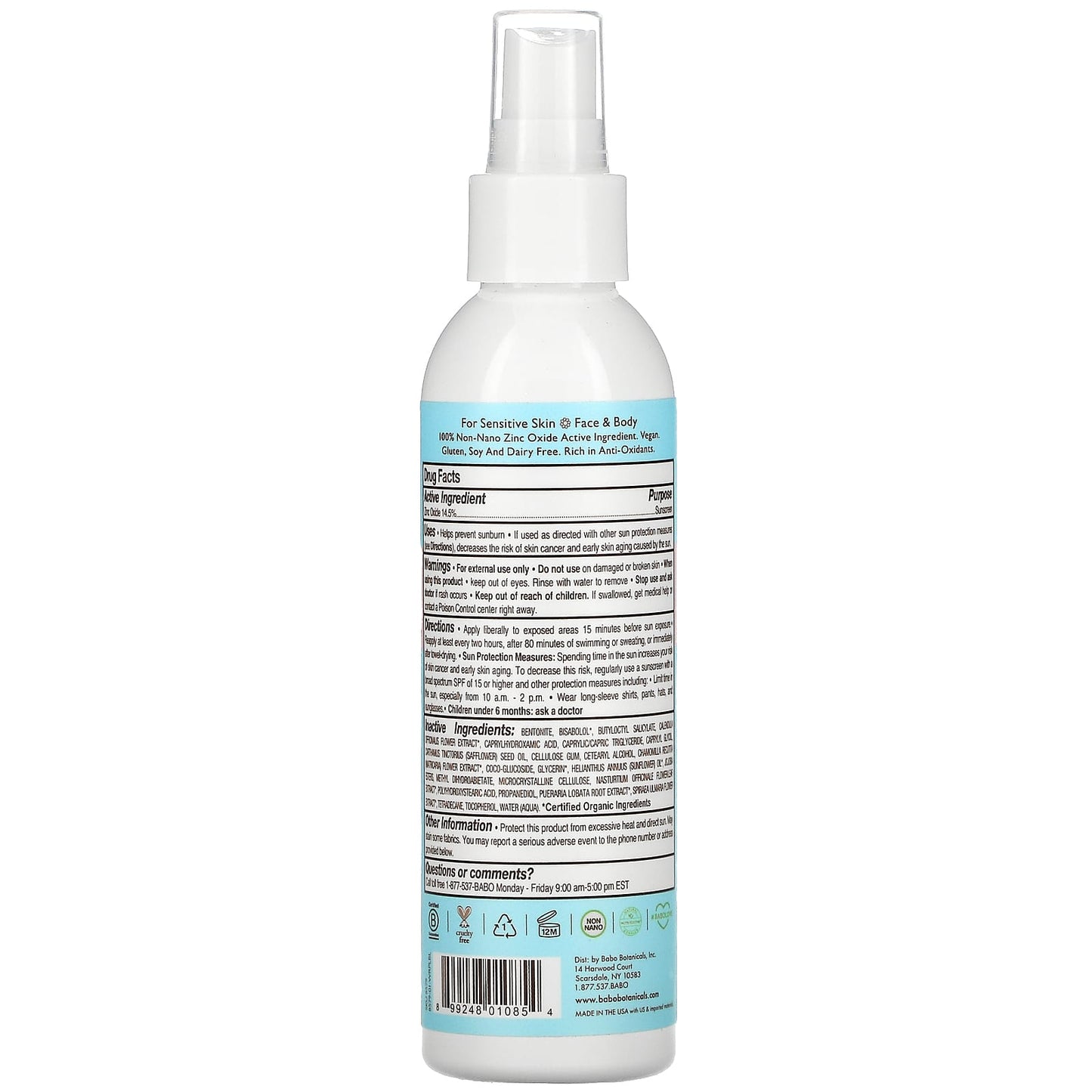Babo Botanicals, Baby Skin Mineral Sunscreen Spray, SPF 30, Fragrance Free, 6 fl oz (177 ml) UPC 899248010854