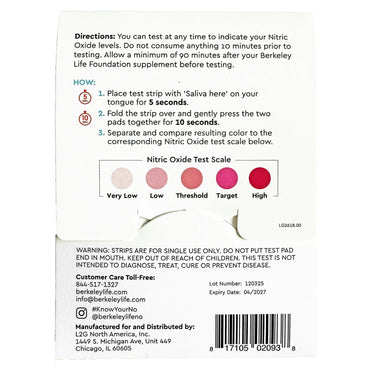Berkeley Life Professional, Nitric Oxide Indicator, 4 test Strips UPC 817105020938 | HiLife Vitamins