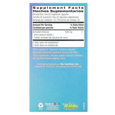 Bio Nutrition, Activated Charcoal Veggie Ules, 90 Capsules UPC 854936003754 | Hilife Vitamins