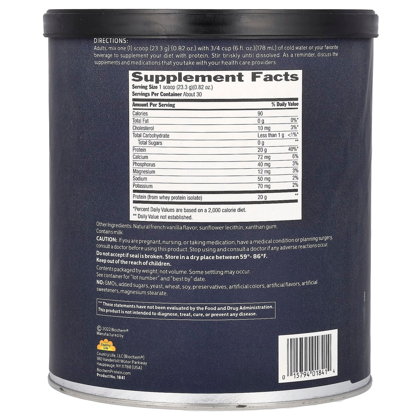 Biochem, 100% Whey Isolate Protein Powder, Natural, 1.5 lbs (699 g) UPC 015794018414 | HiLife Vitamins