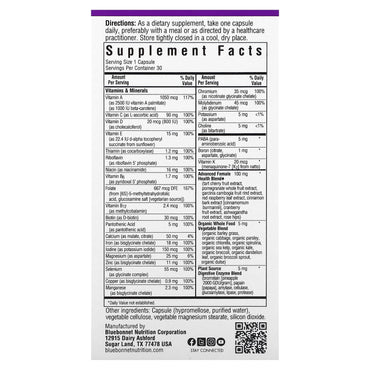 Bluebonnet, Ladies' ONE, Whole Food-Based Multiple, 30 Vegetable Capsules UPC 743715001329 | Hilife Vitamins