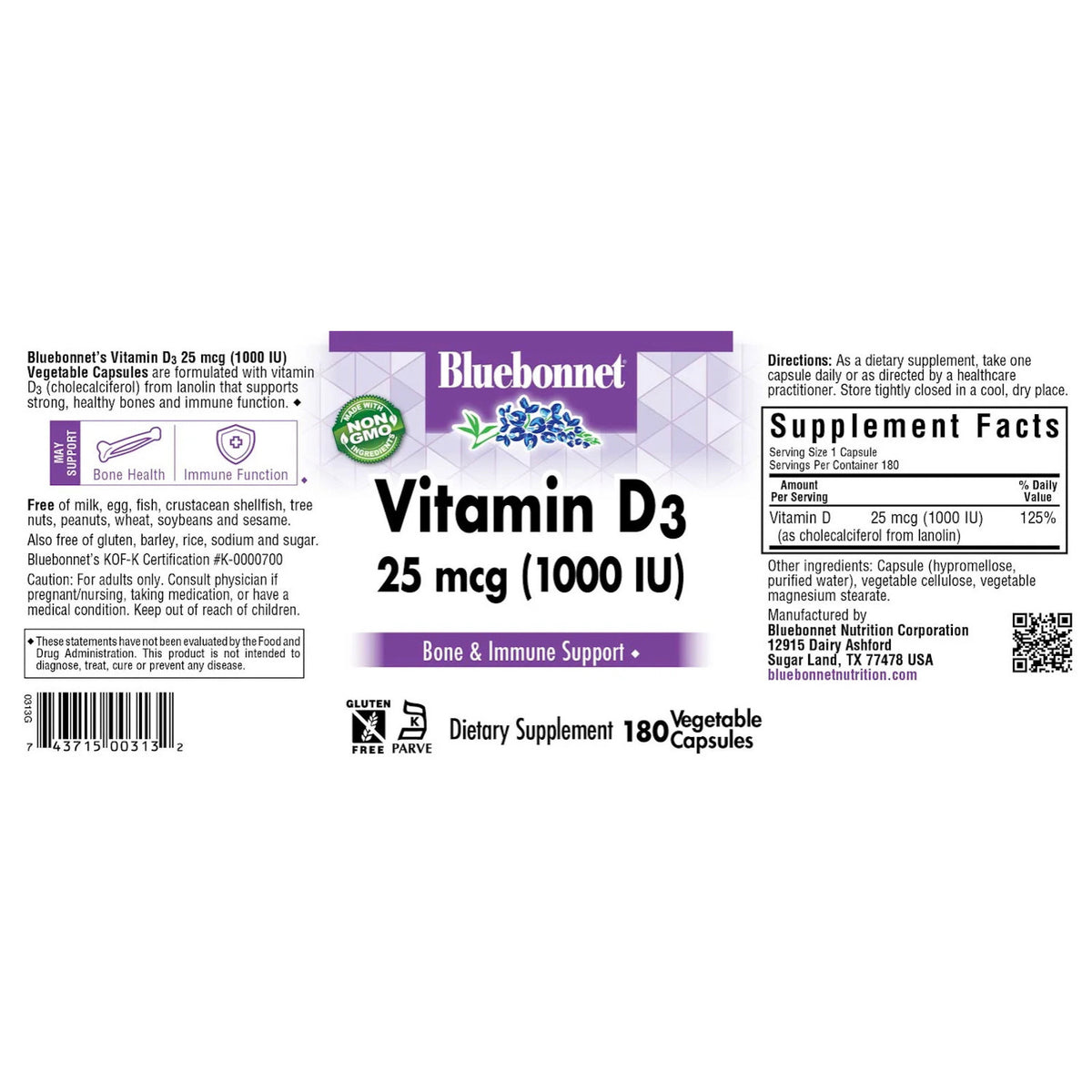 Bluebonnet, Vitamin D3, 25 mcg (1000 IU), Lanolin Source, 180 Vegetable Capsules UPC 743715003132 | Hilife Vitamins