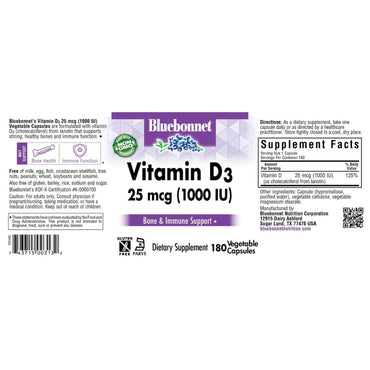 Bluebonnet, Vitamin D3, 25 mcg (1000 IU), Lanolin Source, 180 Vegetable Capsules UPC 743715003132 | HiLife Vitamins