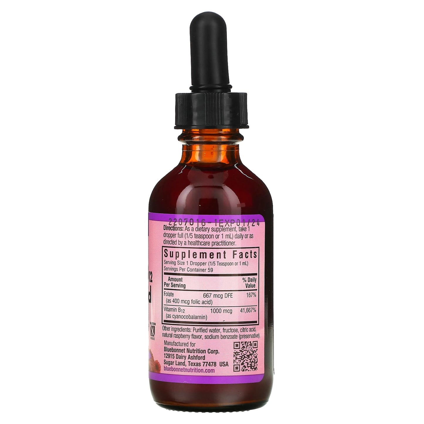 Bluebonnet, Liquid Vitamin B-12 & Folic Acid Raspberry Flavor, 2 oz UPC 743715004337 | Hilife Vitamins