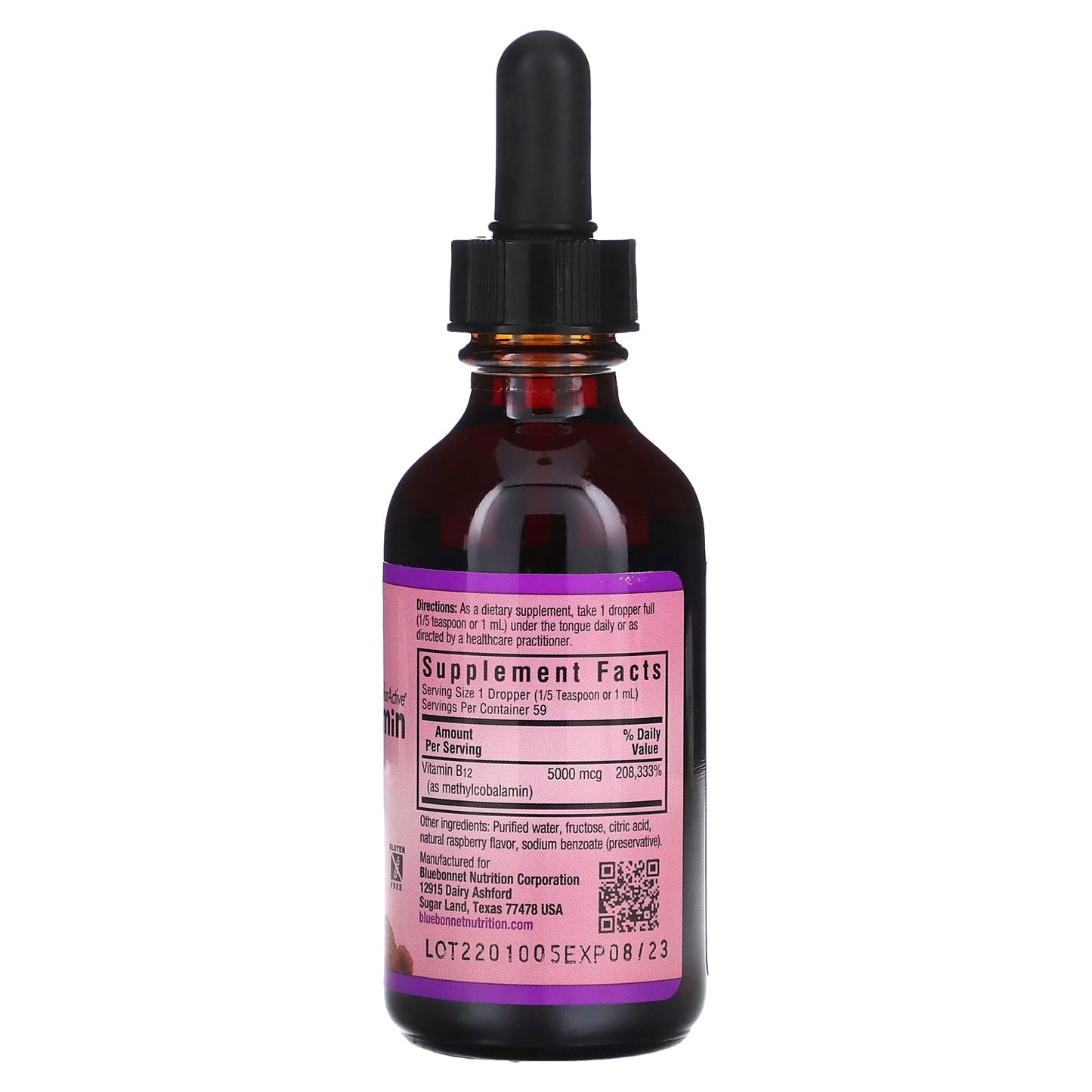 Bluebonnet, Liquid CellularActive Methylcobalamin Vitamin B12 Raspberry 5000 mcg, 2 Fl oz UPC 743715004443 | Hilife Vitamins