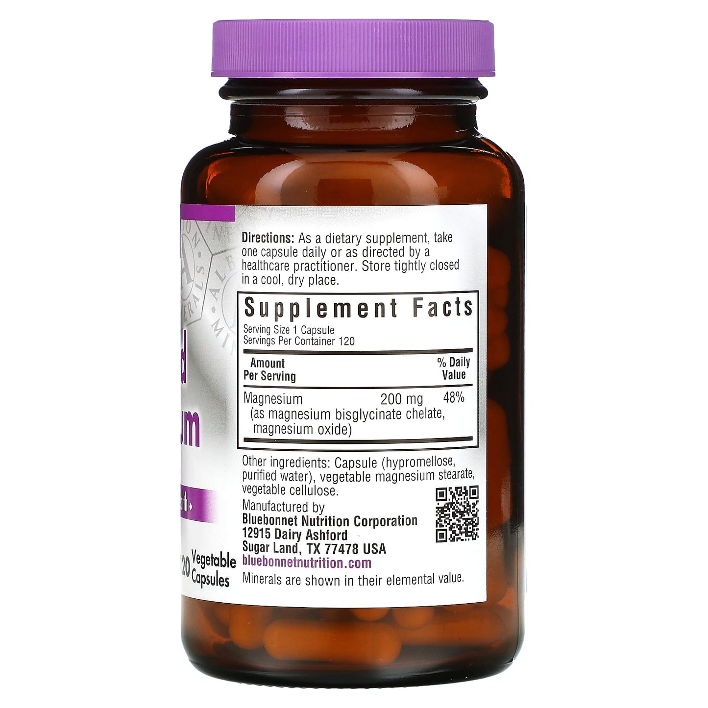 Bluebonnet, Albion Chelated Magnesium 200 mg, 120 Vegetable Capsules UPC 743715006737 | Hilife Vitamins