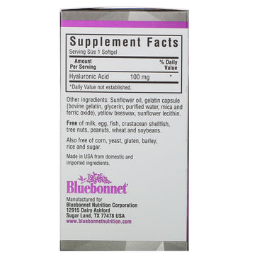 Bluebonnet, Beautiful Ally Hyaluronic Acid 100 mg, 90 Vegetarian Capsules UPC 743715015128 | Hilife Vitamins