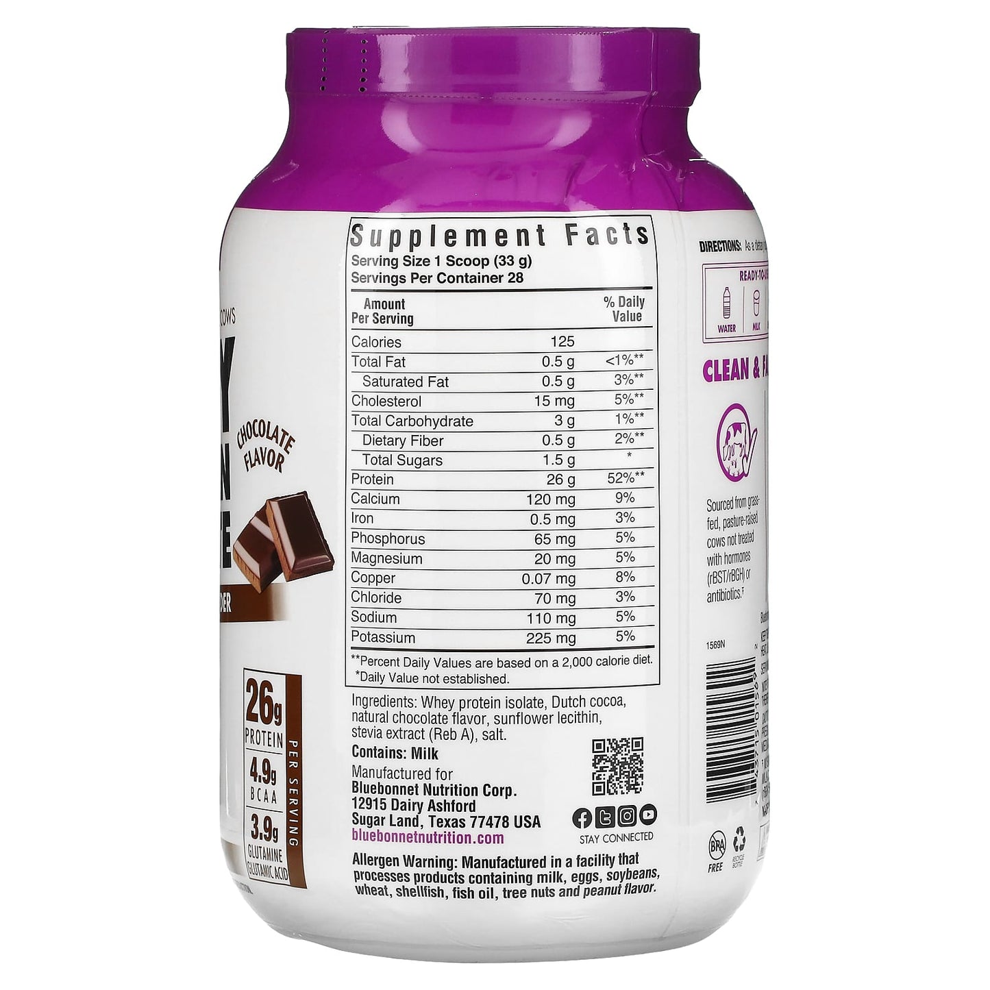 Bluebonnet, 100% NATURAL WHEY PROTEIN ISOLATE CHOCOLATE FLAVOR POWDER, 2 Lbs UPC 743715015692 | Hilife Vitamins