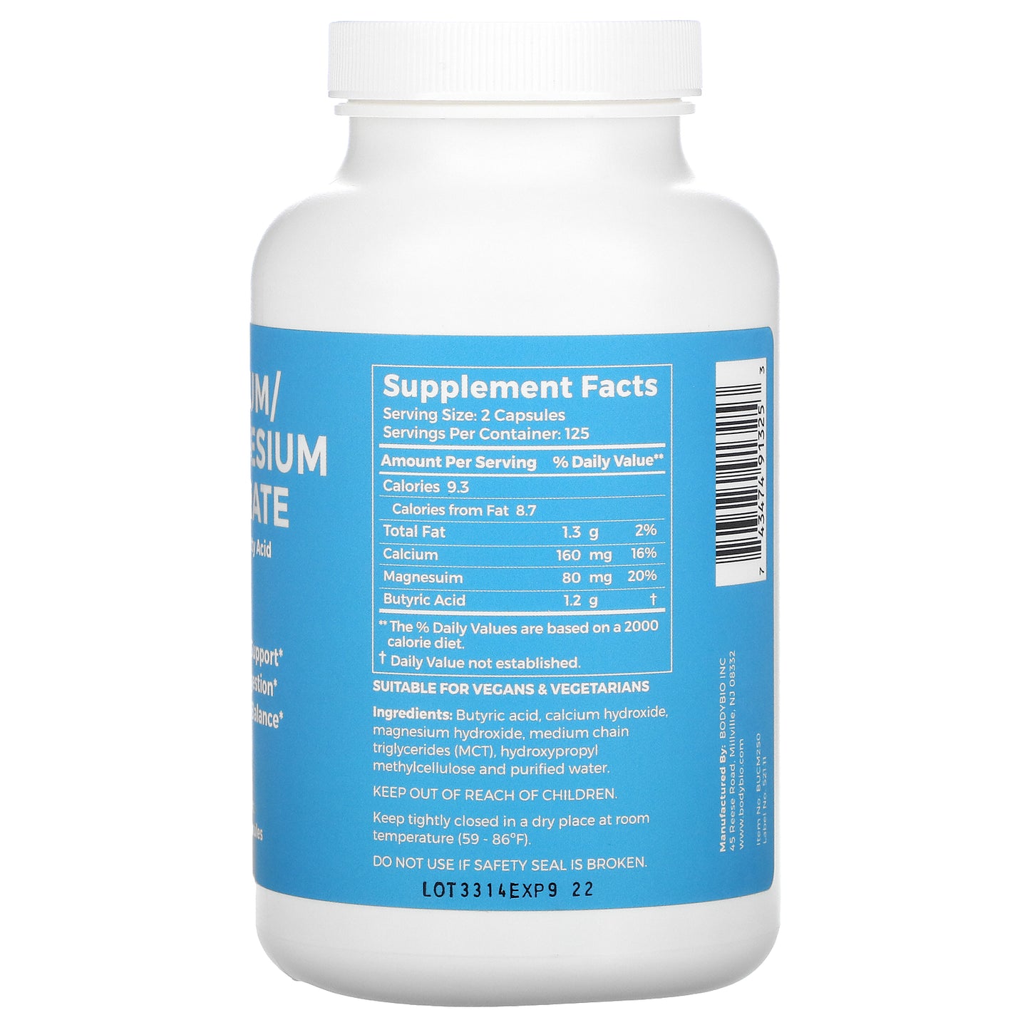 BodyBio, Calcium Magnesium Butyrate, 250 Non-GMO Capsules UPC 743474913253 | HiLife Vitamins
