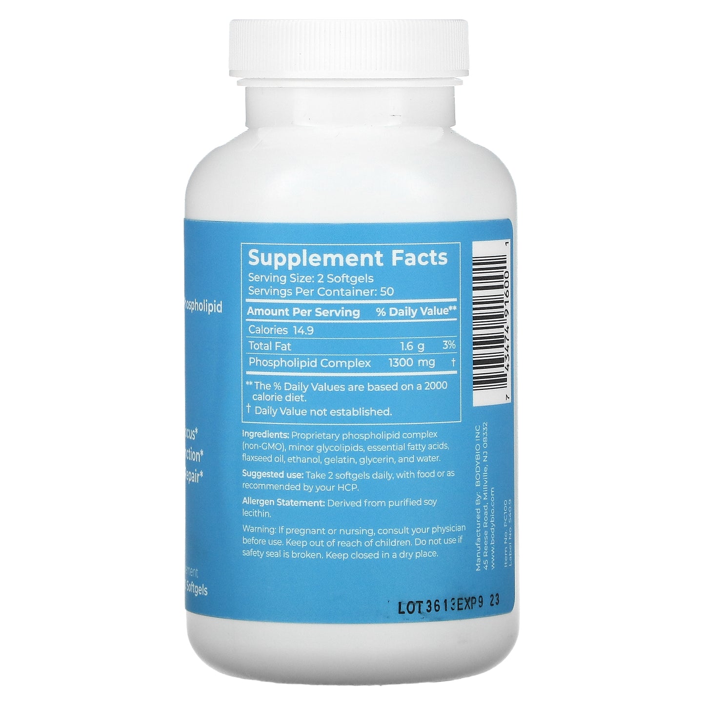 BodyBio, PC, Liposomal Phospholipid Complex, 100 Non-GMO Softgels UPC 743474916001 | HiLife Vitamins