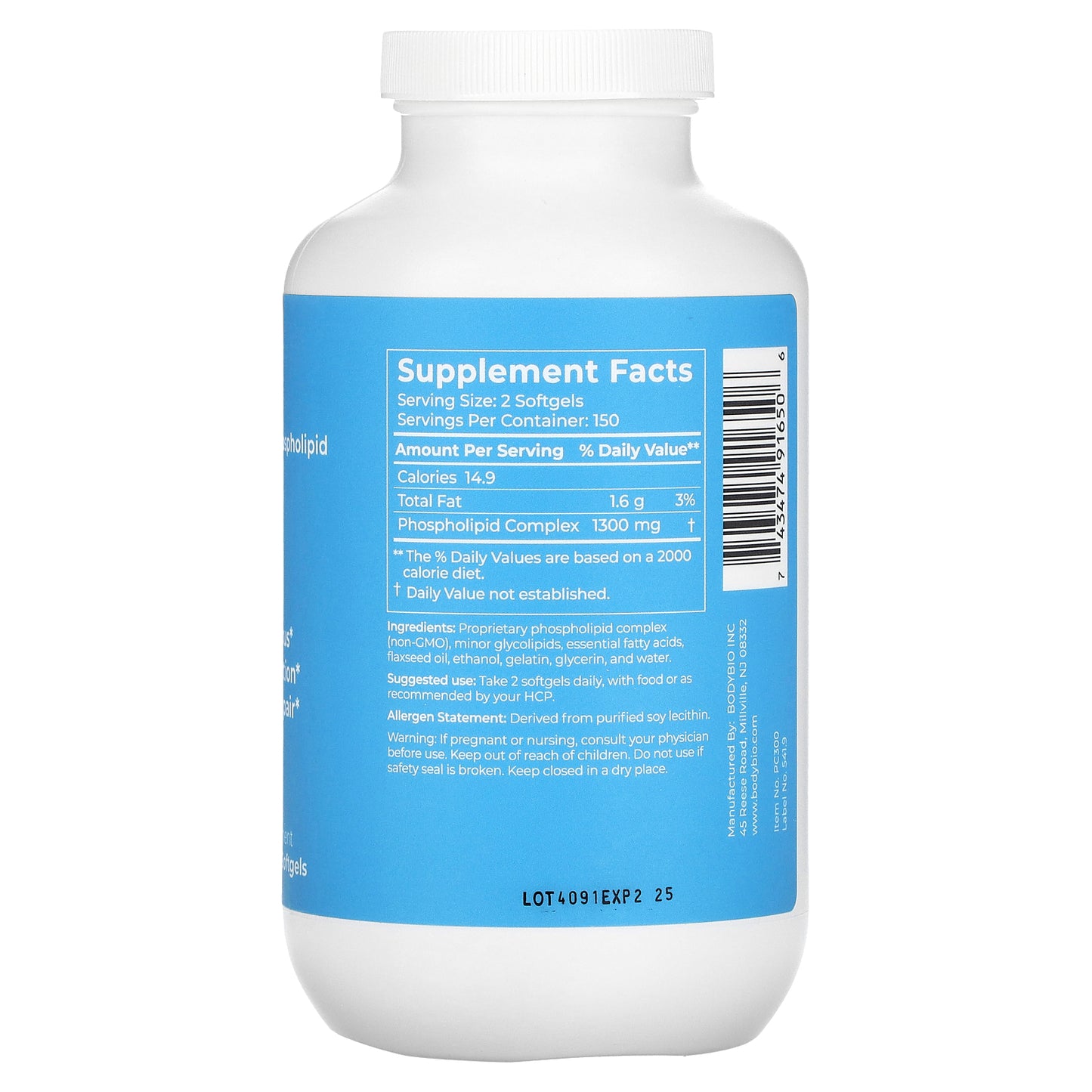 BodyBio, PC (Phosphatidylcholine) 1300 mg, 300 Non-GMO Softgels UPC 743474916506 | HiLife Vitamins