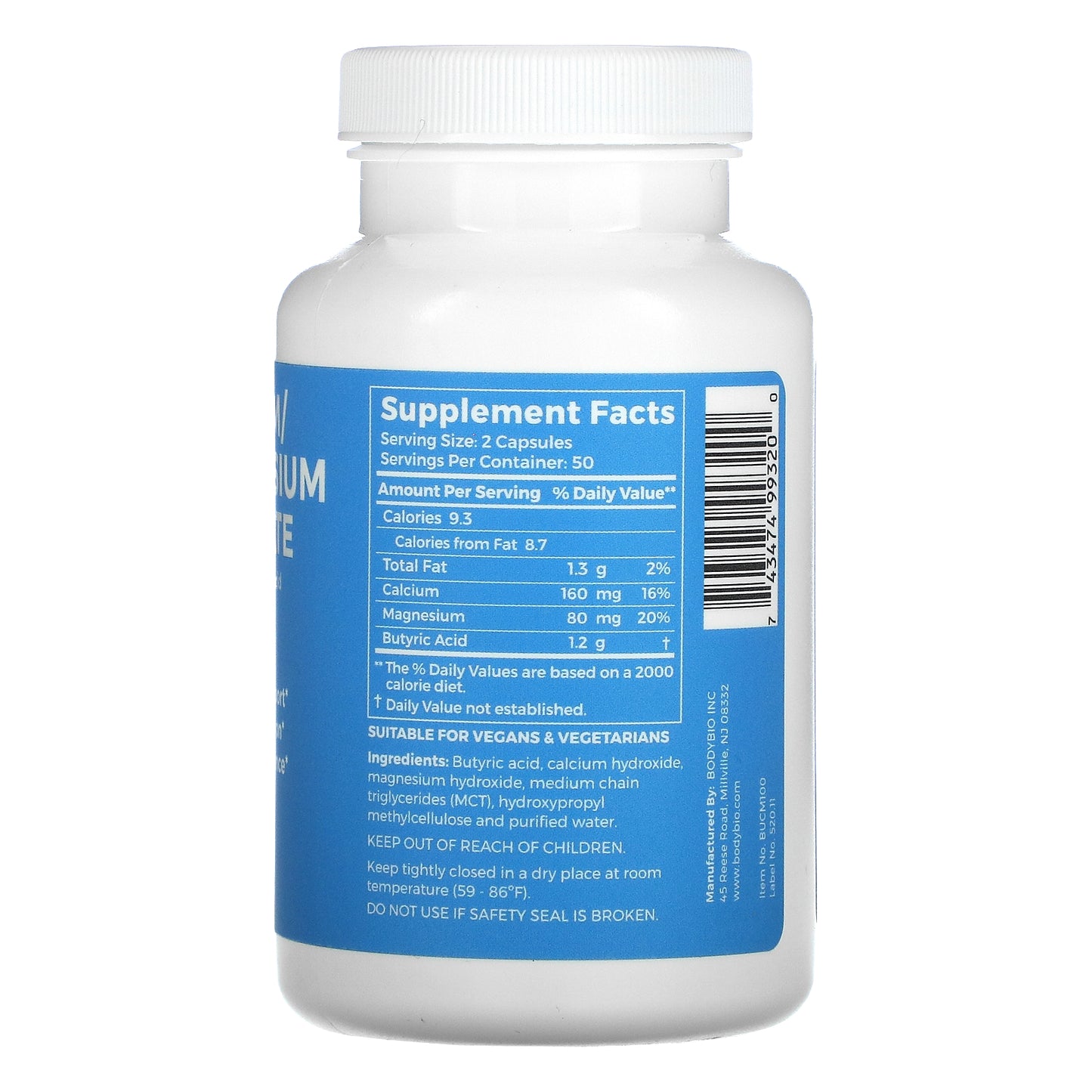 BodyBio, Calcium Magnesium Butyrate, 100 Non-GMO Capsules UPC 743474993200 | HiLife Vitamins