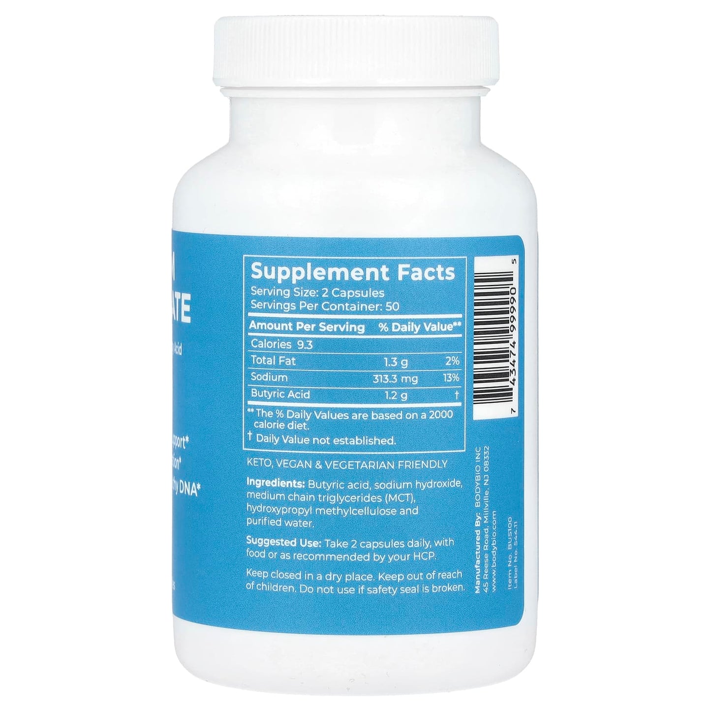 BodyBio, Sodium Butyrate, 100 Non-GMO Capsules UPC 743474999905 | HiLife Vitamins