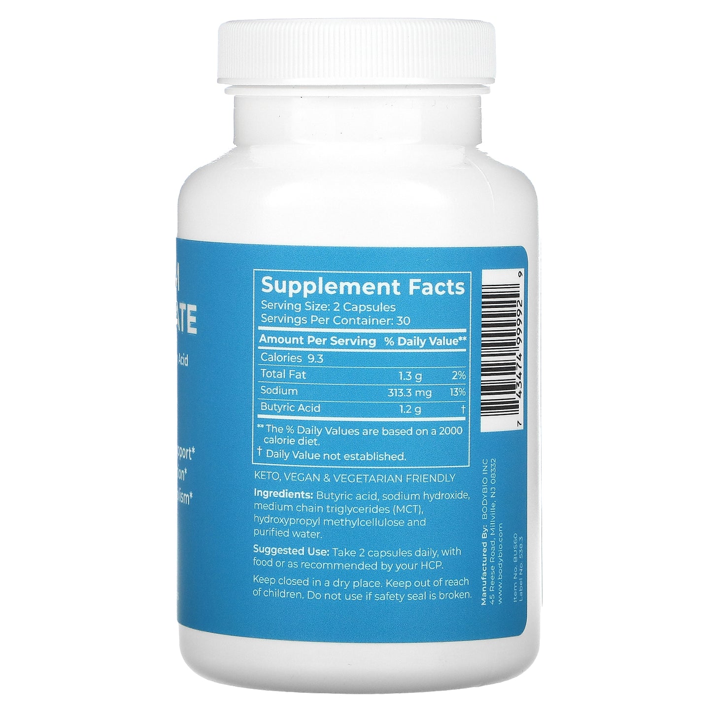 BodyBio, Sodium Butyrate, 60 Non-GMO Capsules UPC 743474999929 | HiLife Vitamins