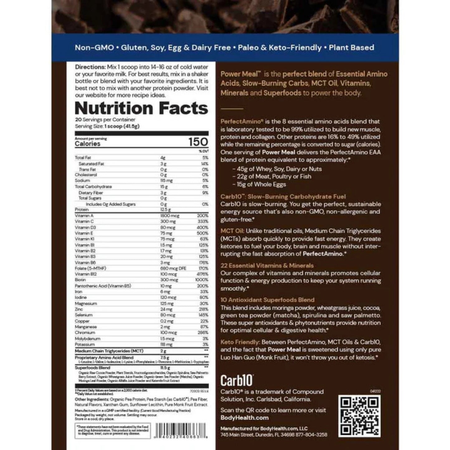 Bodyhealth, PerfectAmino® Power Meal, Chocolate, 29.3 oz (830g) UPC 040232406638 | HiLife Vitamins