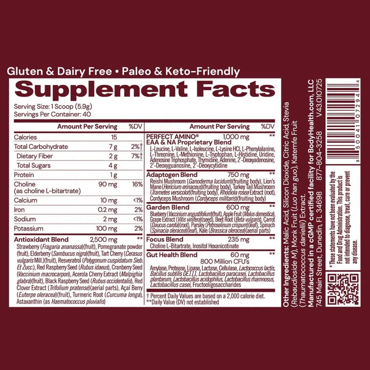 Bodyhealth, Reds, Enhanced With Perfect Amino, 8.3 oz. (236g) UPC 850041072944 | HiLife Vitamins