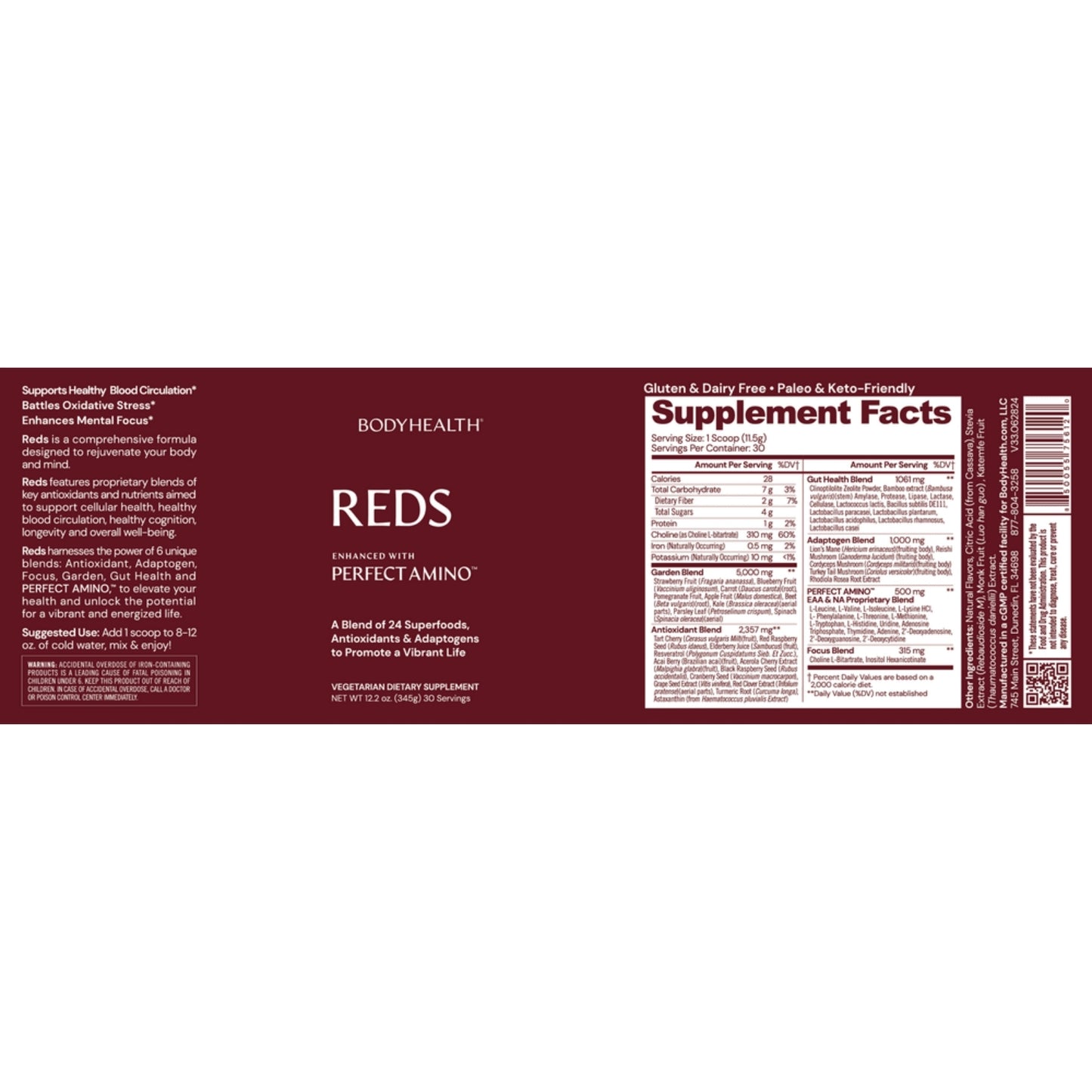 Bodyhealth, Reds, Enhanced With Perfect Amino, 12.2 oz (345 g) UPC 850055756120 | HiLife Vitamins