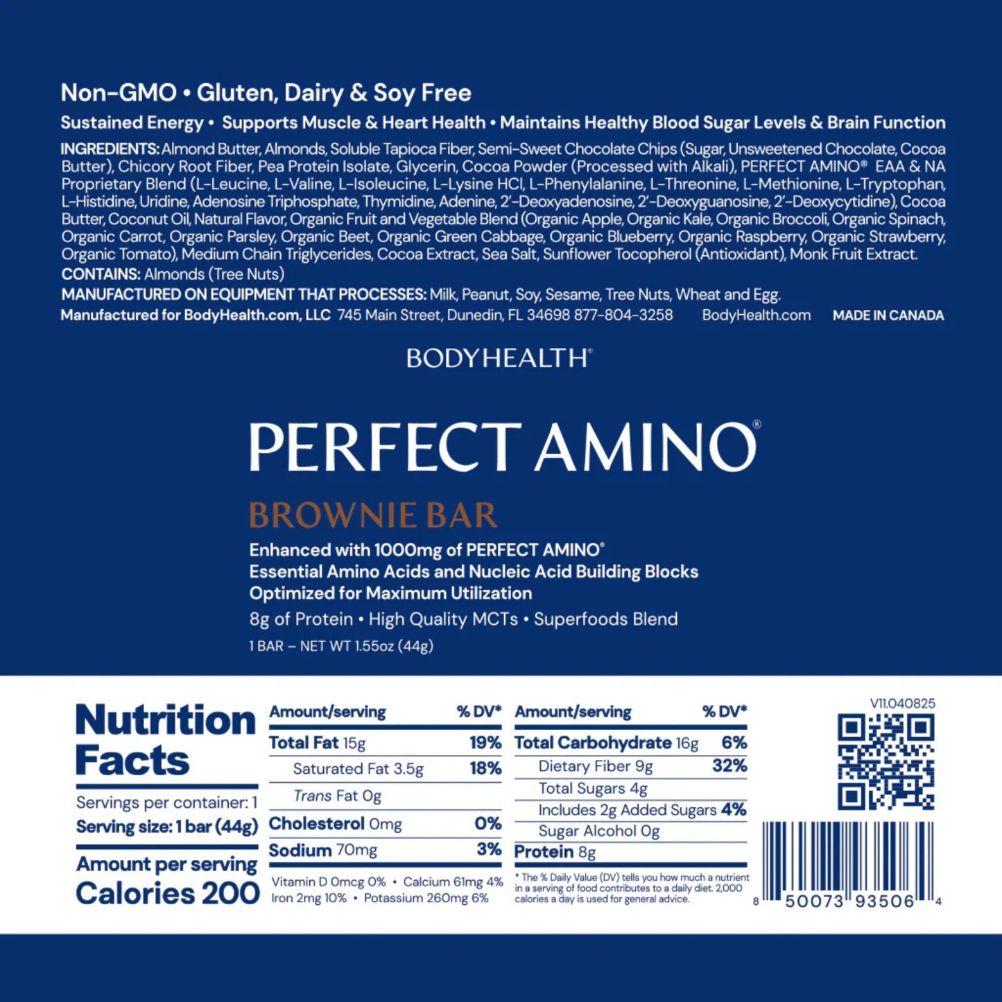 Bodyhealth, Perfect Amino Bar, Brownie Flavor, 1 Bar UPC 850073935064 | HiLife Vitamins