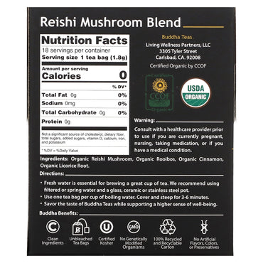 Buddha Teas, Reishi Mushroom Blend, 18 Bags UPC 819005015403 | Hilife Vitamins