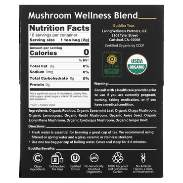 Buddha Teas, Mushroom Wellness Blend, 18 Bags UPC 819005015427 | Hilife Vitamins