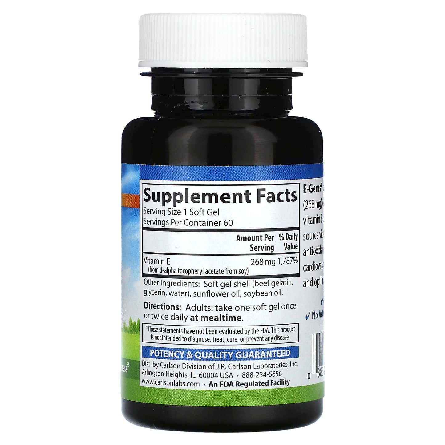 Carlson Labs, E-Gems 400IU, 60 Softgels UPC 088395003417 | HiLife Vitamins