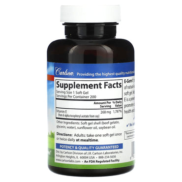 Carlson Labs, E-Gems 400 IU, 200 Softgels UPC 088395003424 | HiLife Vitamins