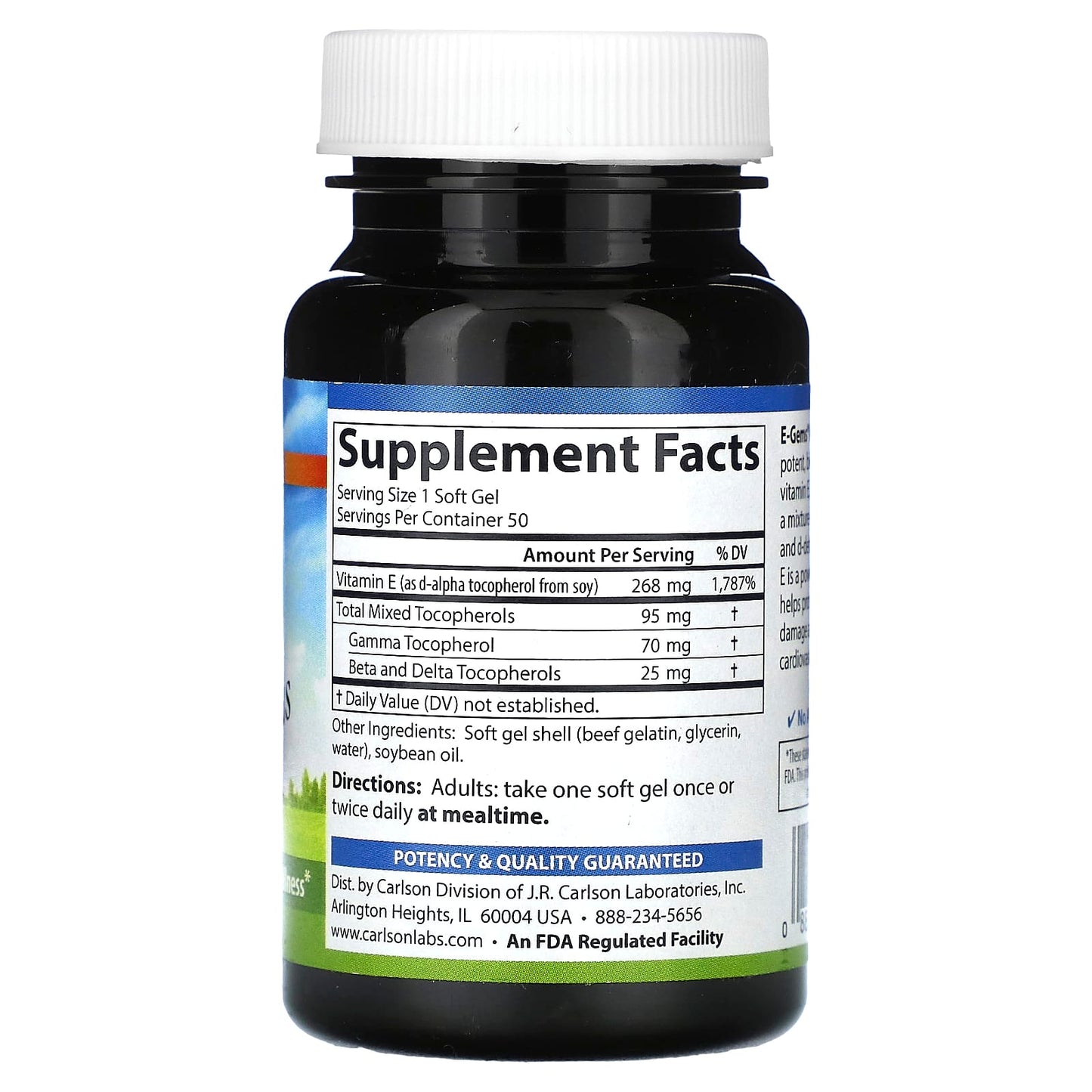 Carlson Labs, E-Gems Plus 400IU, 50 Softgels UPC 088395004407 | HiLife Vitamins