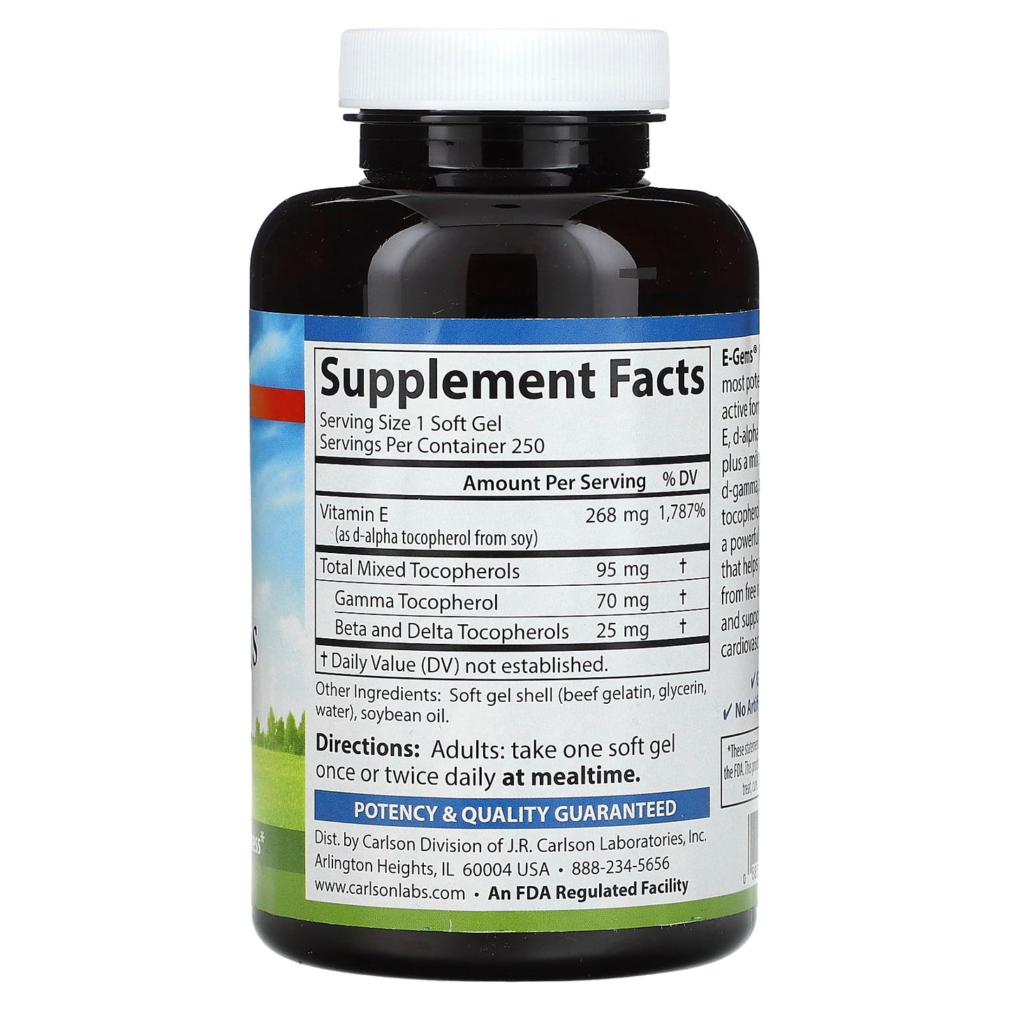 Carlson Labs, E-Gems Plus 400IU, 250 Softgels UPC 088395004421 | HiLife Vitamins