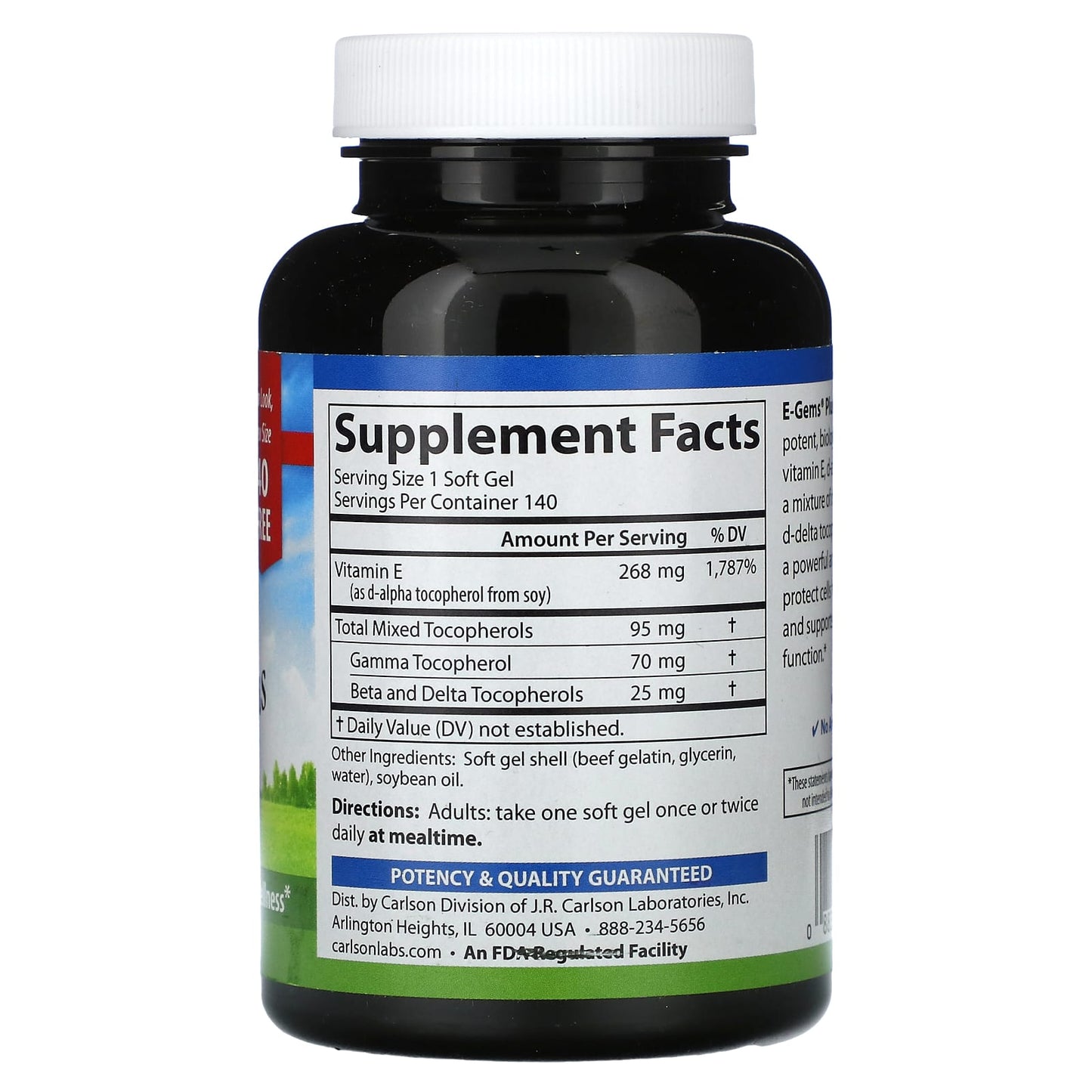 Carlson Labs, E-Gems Plus 400IU 100+40, 140 Softgels UPC 088395004490 | HiLife Vitamins