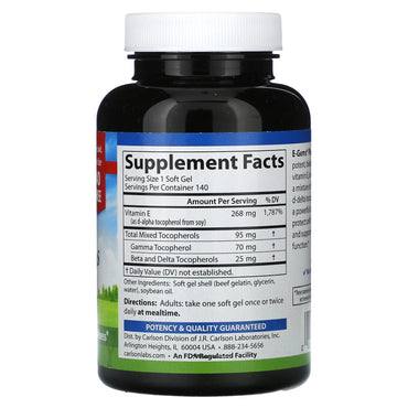Carlson Labs, E-Gems Plus 400IU 100+40, 140 Softgels UPC 088395004490 | HiLife Vitamins