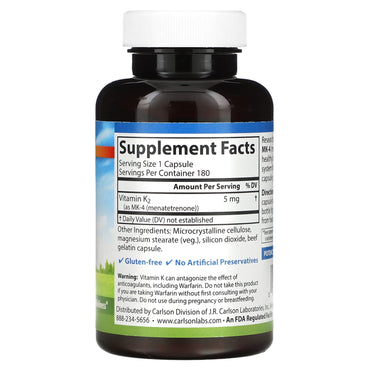 Carlson Labs, Vitamin K-2 5 mg, 180 Capsules UPC 088395010019 | HiLife Vitamins