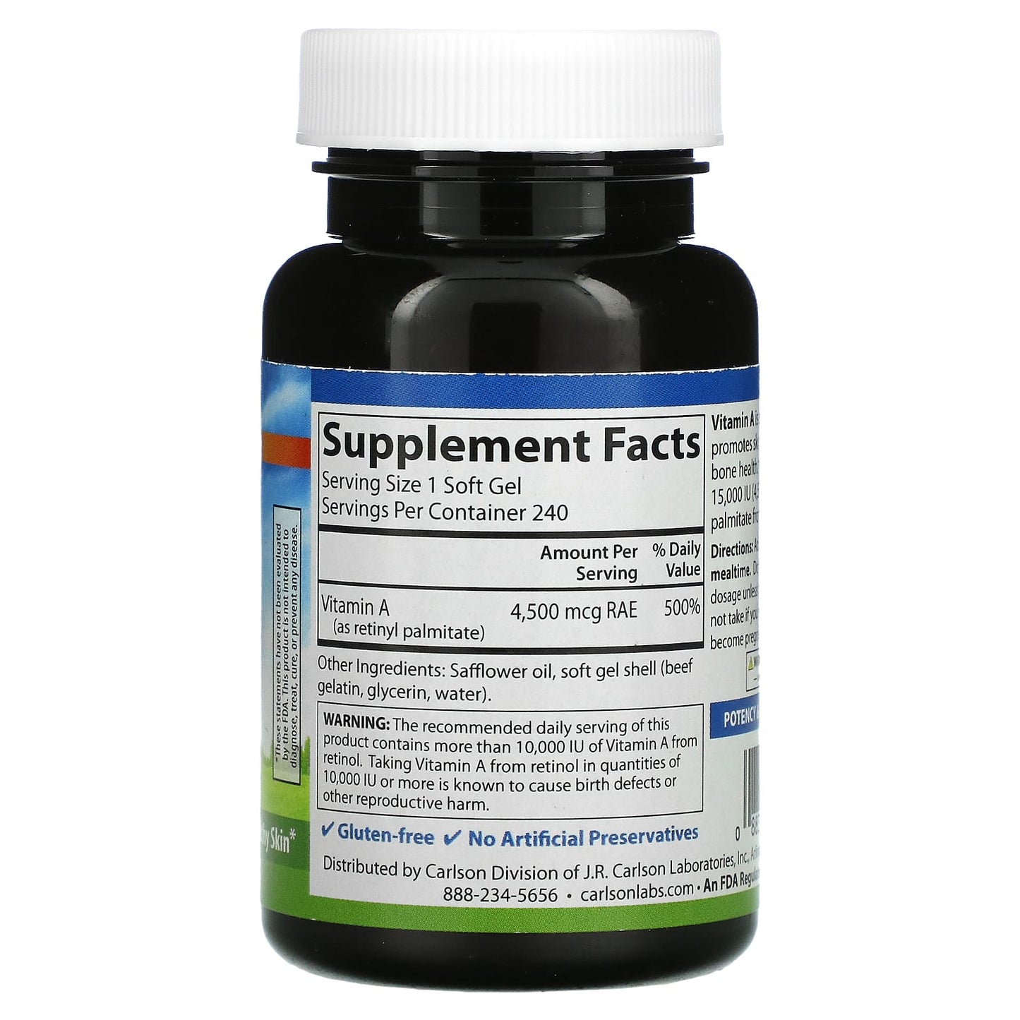 Carlson Labs, Vitamin A, 15,000 IU, 240 Soft Gels UPC 088395011023 | HiLife Vitamins