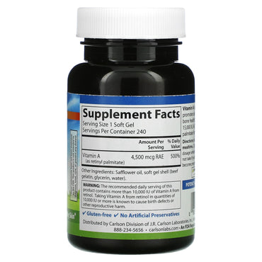 Carlson Labs, Vitamin A, 15,000 IU, 240 Soft Gels UPC 088395011023 | HiLife Vitamins