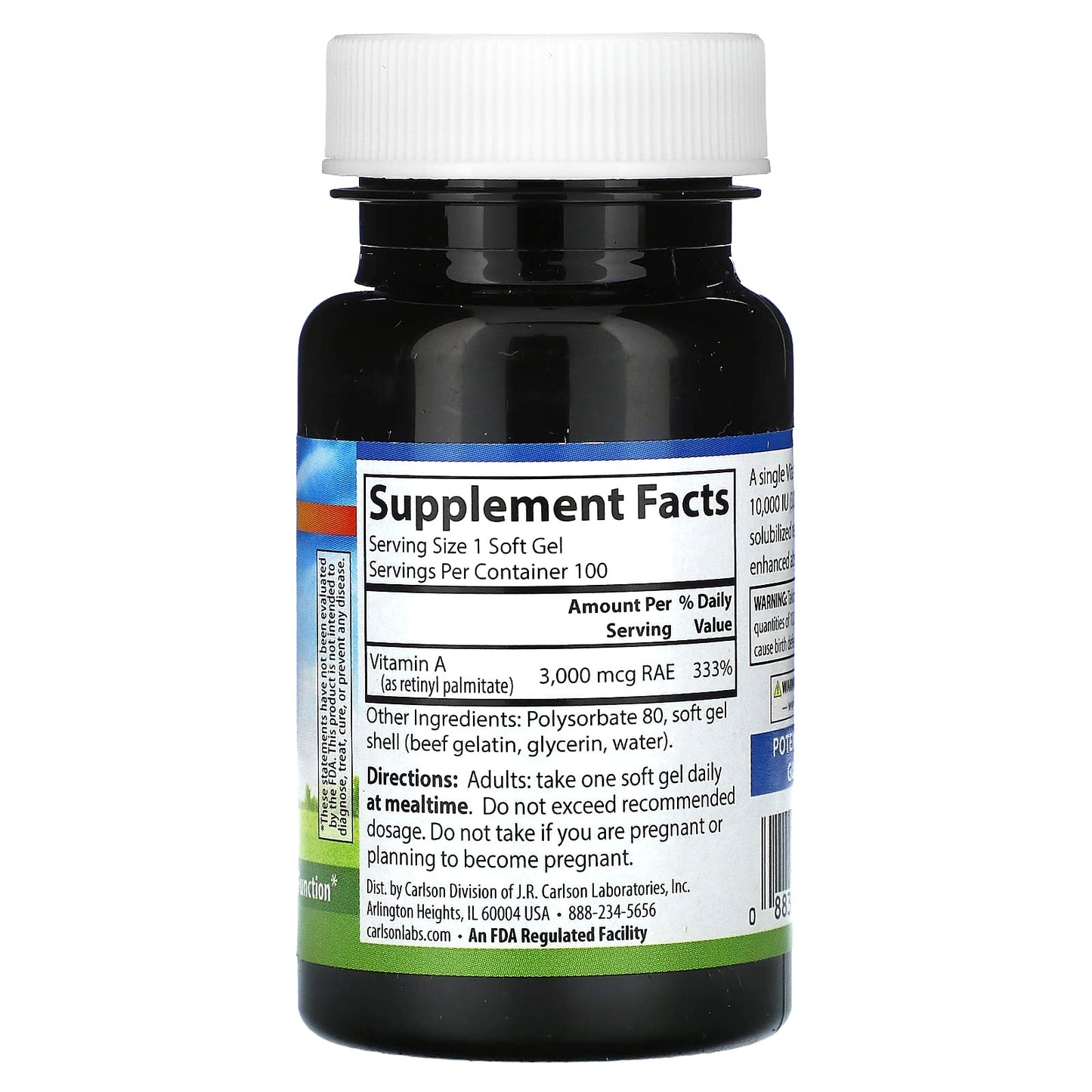Carlson Labs, Vitamin A Soluble 10000 IU, 100 Softgels UPC 088395011214 | HiLife Vitamins