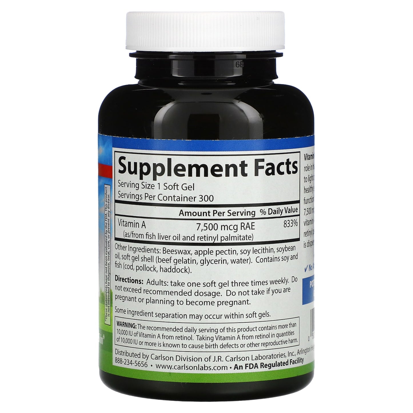 Carlson Labs, Vitamin A with Pectin 25000IU, 300 Softgels UPC 088395011634 | HiLife Vitamins