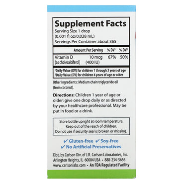 Carlson Labs, Super Daily D3 for Kids 400IU, 1 Liquid UPC 088395012600 | HiLife Vitamins