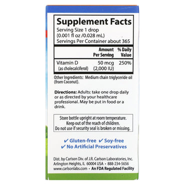 Carlson Labs, Super Daily D3 Drops 2000 IU, .35 fl oz UPC 088395012808 | HiLife Vitamins