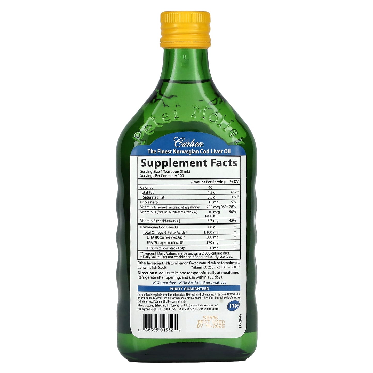 Carlson Labs, Wild Norwegian, Cod Liver Oil, Natural Lemon Flavor, 16.9 Fl Oz UPC 088395013522 | HiLife Vitamins