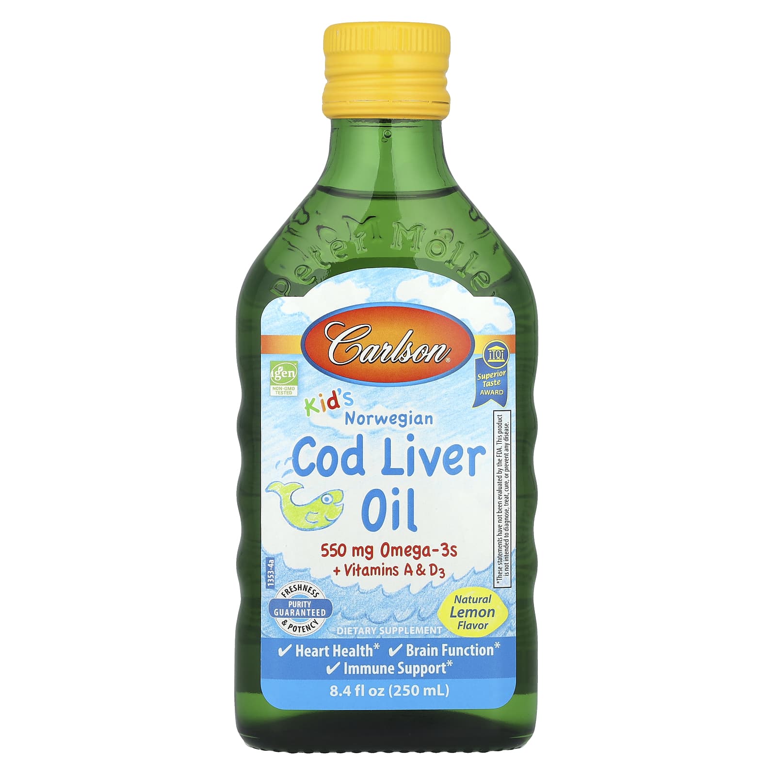 Carlson Labs, Kid's, Norwegian Cod Liver Oil, Natural Lemon, 8.4 fl oz (250 ml) UPC 088395013539 | Hilife Vitamins