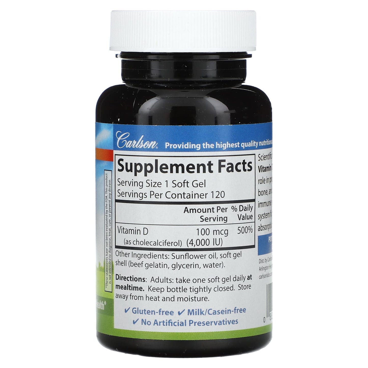 Carlson Labs, D3 100 Mcg (4000 IU), 120 Softgels UPC 088395014314 | HiLife Vitamins