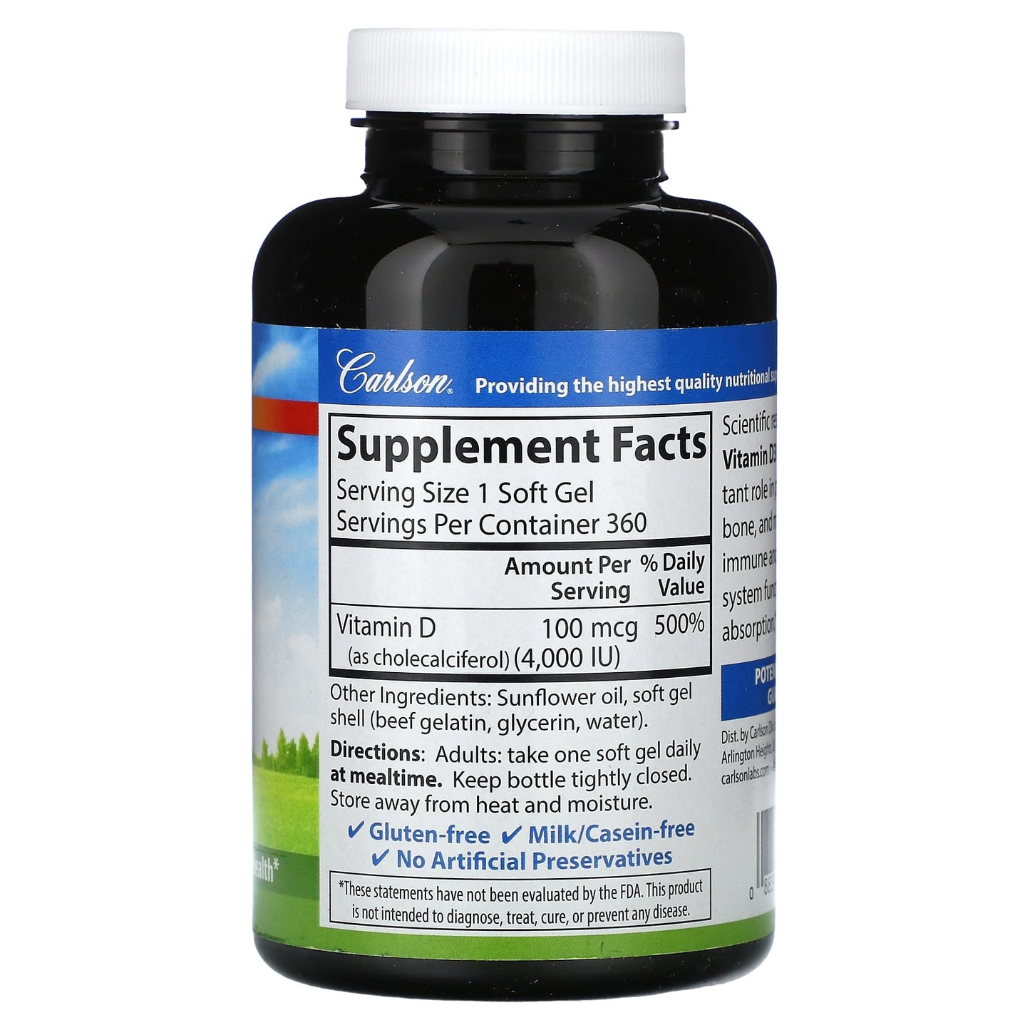 Carlson Labs, D3 4000 IU, 360 Softgels UPC 088395014338 | HiLife Vitamins